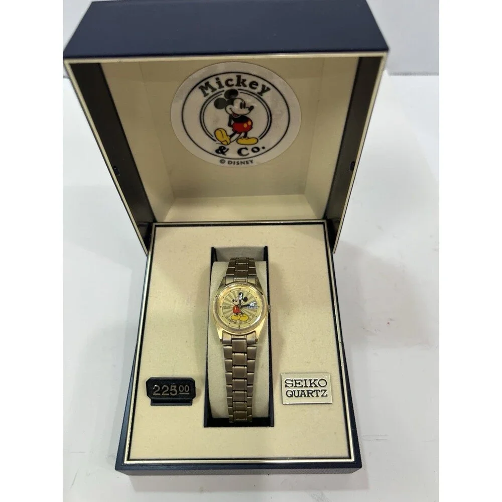 Vintage Seiko Mickey Mouse Watch 3Y03-0039 Starburst Ladies Gold Tone Box Tag